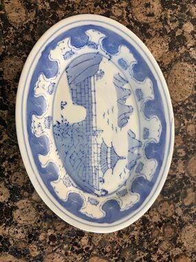 Blue and White Scenic Oval Ceramic Plate - Decorative Accent